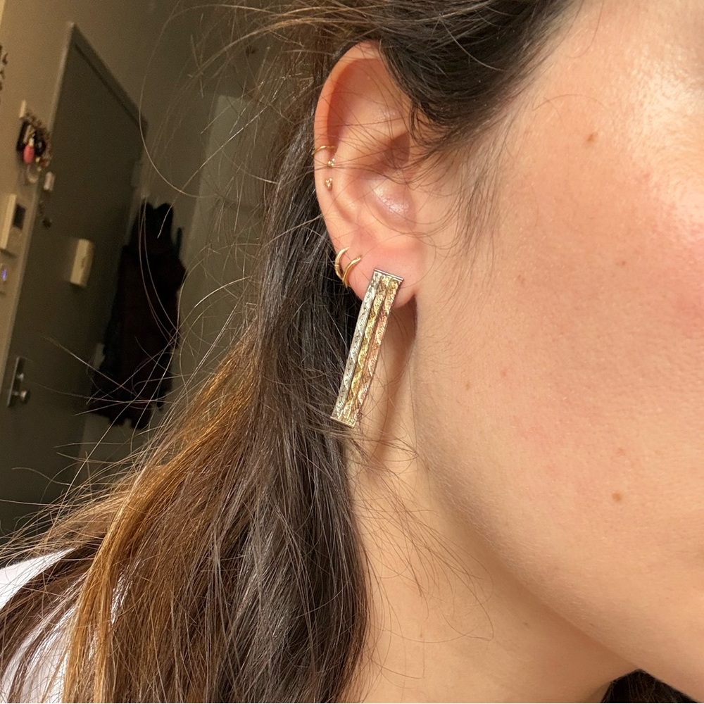 Tri-Color Yellow Rose Yellow 14K Solid Gold Wavy Drop Vintage Earrings